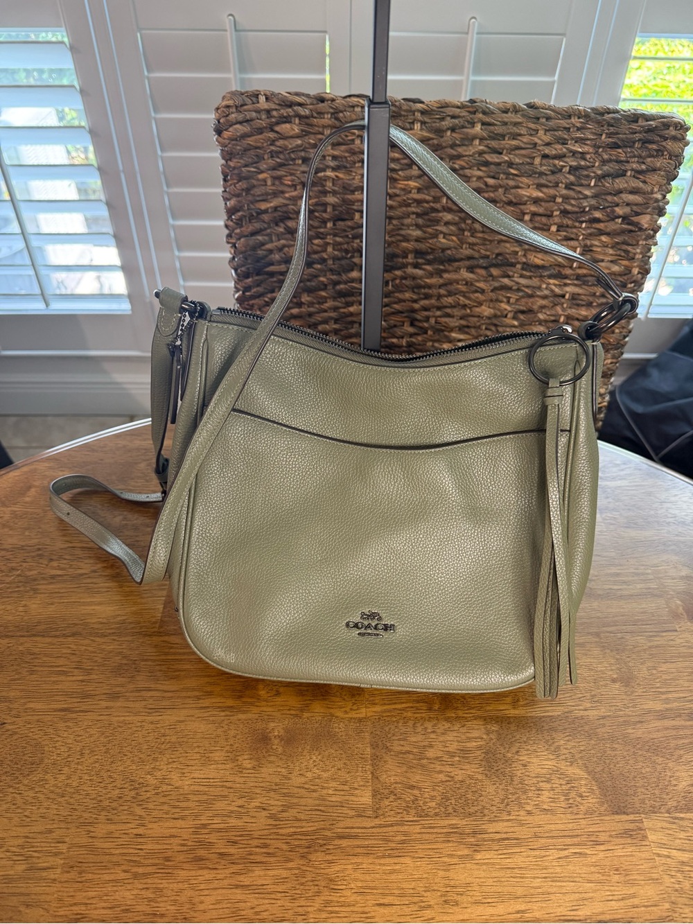 Coach Olive Green Pebbled Leather Crossbody Bag with gun metal hardware